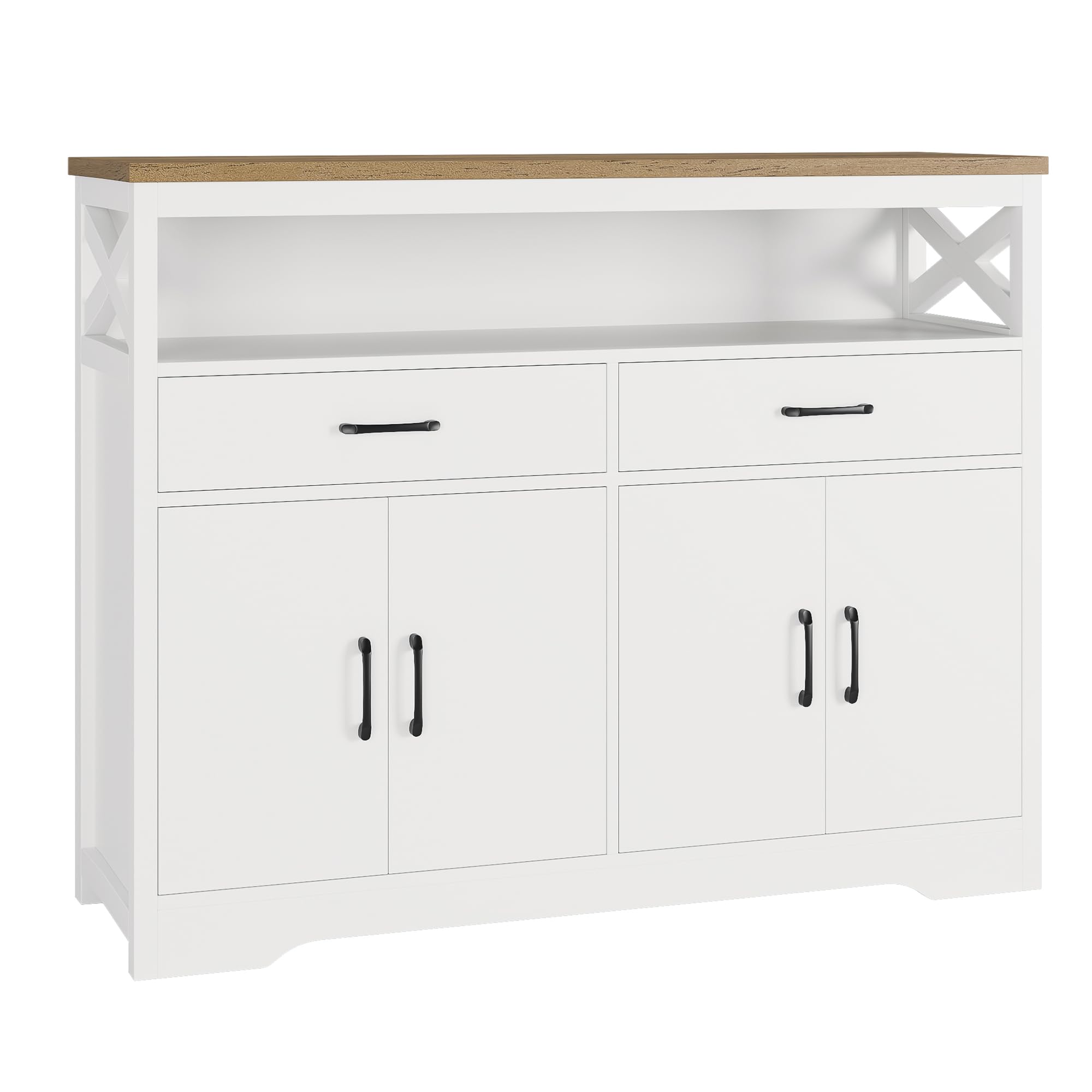 47" Modern Farmhouse Sideboard Buffet Cabinet, Wood Buffet Storage Cabinet with Drawers & Shelves, Large Coffee Bar Cabinet with Storage, Microwave Stand for Kitchen, Dining Room, White Brown