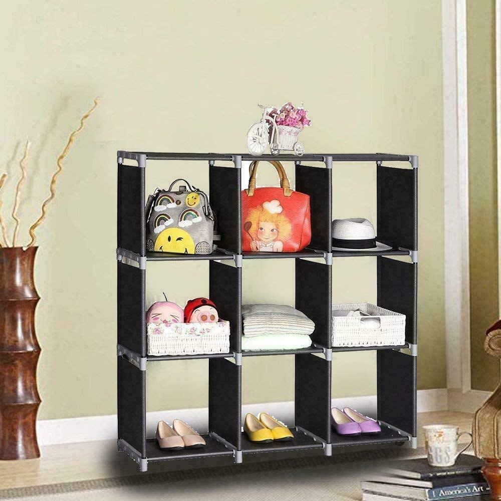 Cube Storage Shelves, Black Cube Bookcase Multifunctional Assembled 3 Tiers 9 Compartments Storage Organizer Cubes in Living Room, Bedroom (Black)