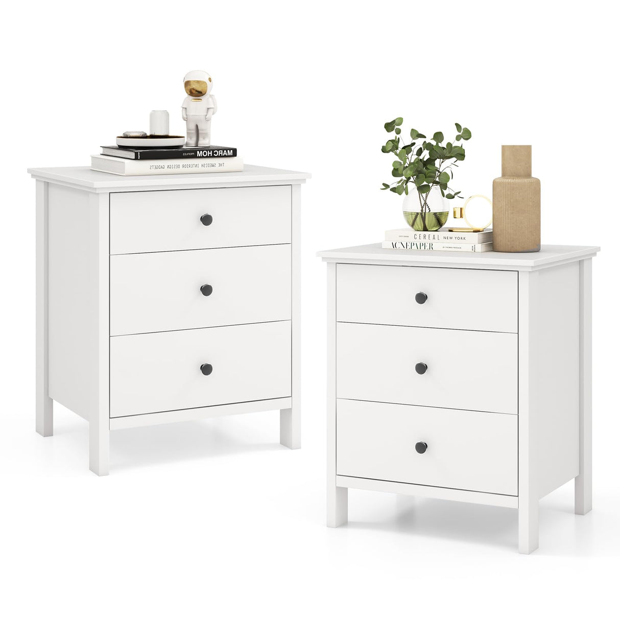 Nightstand with 3 Drawers Set of 2, Wooden Side End Table with Solid Wood Legs