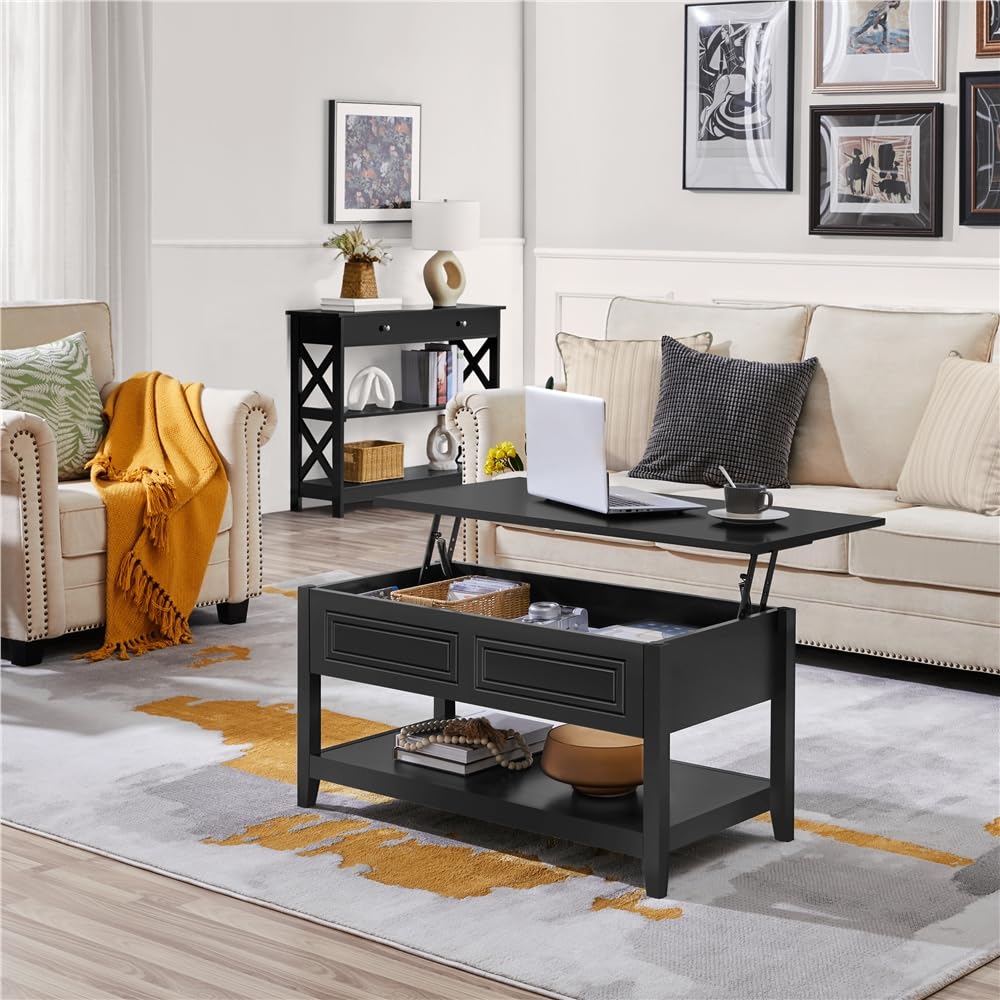 Lift Top Coffee Table with Hidden Compartment and Open Storage Shelf