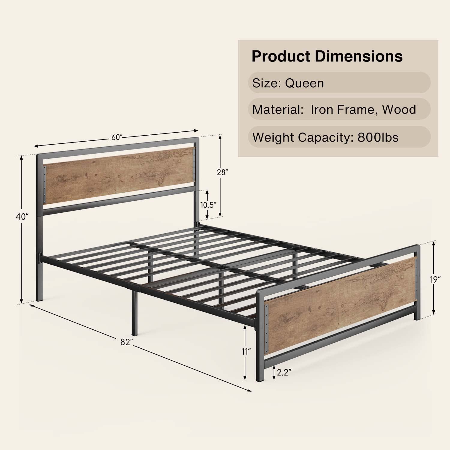 Queen Metal Platform Bed Frame with Wooden Headboard, 15 Iron Slats, Large Underbed Storage, Easy Assembly,