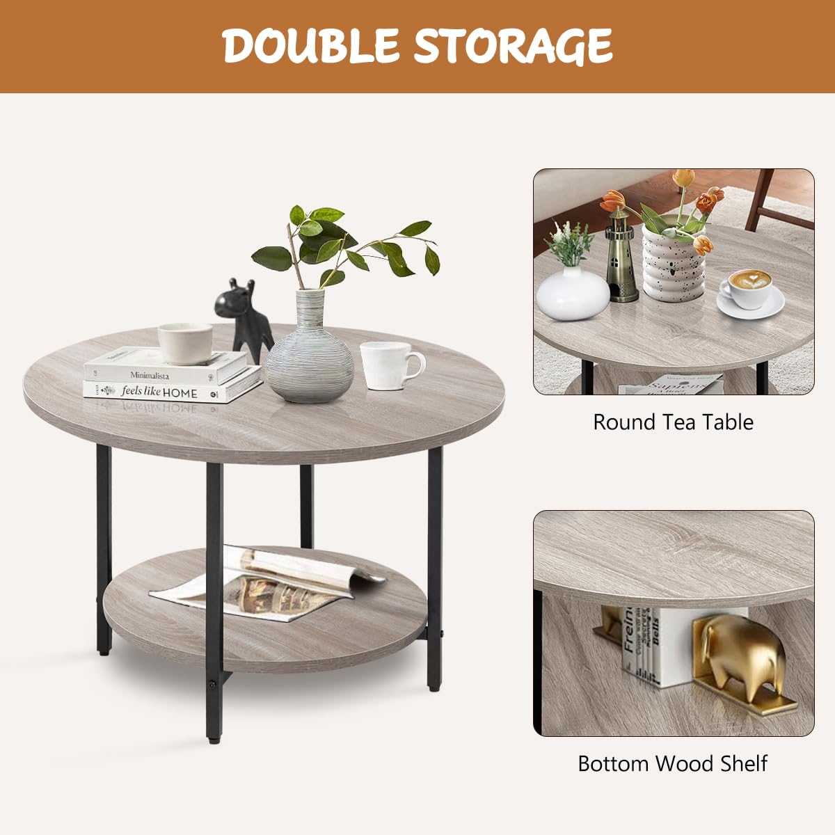 Round Coffee Tables, Accent Table Sofa Table Tea Table with Storage 2-Tier for Living Room,