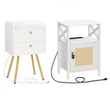 HOOBRO Nightstand with Charging Station and Side Table Bundle, Rattan Nightstand with Open Shelves and Storage Cabinet, Modern Style, for Bedroom, Office, Study DW89UBZ01G1-WT124UBZ01