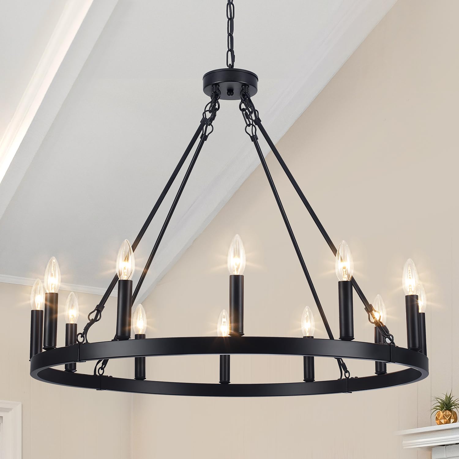12-Light Large Wagon Wheel Chandelier, Farmhouse Black Chandelier