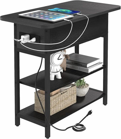 End Table with Charging Station, Flip Top Side Table with USB Ports and Outlets, Sofa Couch Table Bedside Table for Living Room Bedroom, Narrow Nightstand with Storage Shelves for Small Space