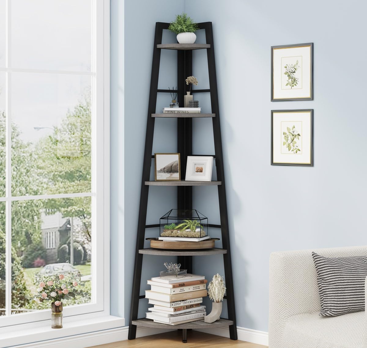 Rustic Tall Corner Bookshelf, 5 Tier Wood and Black
