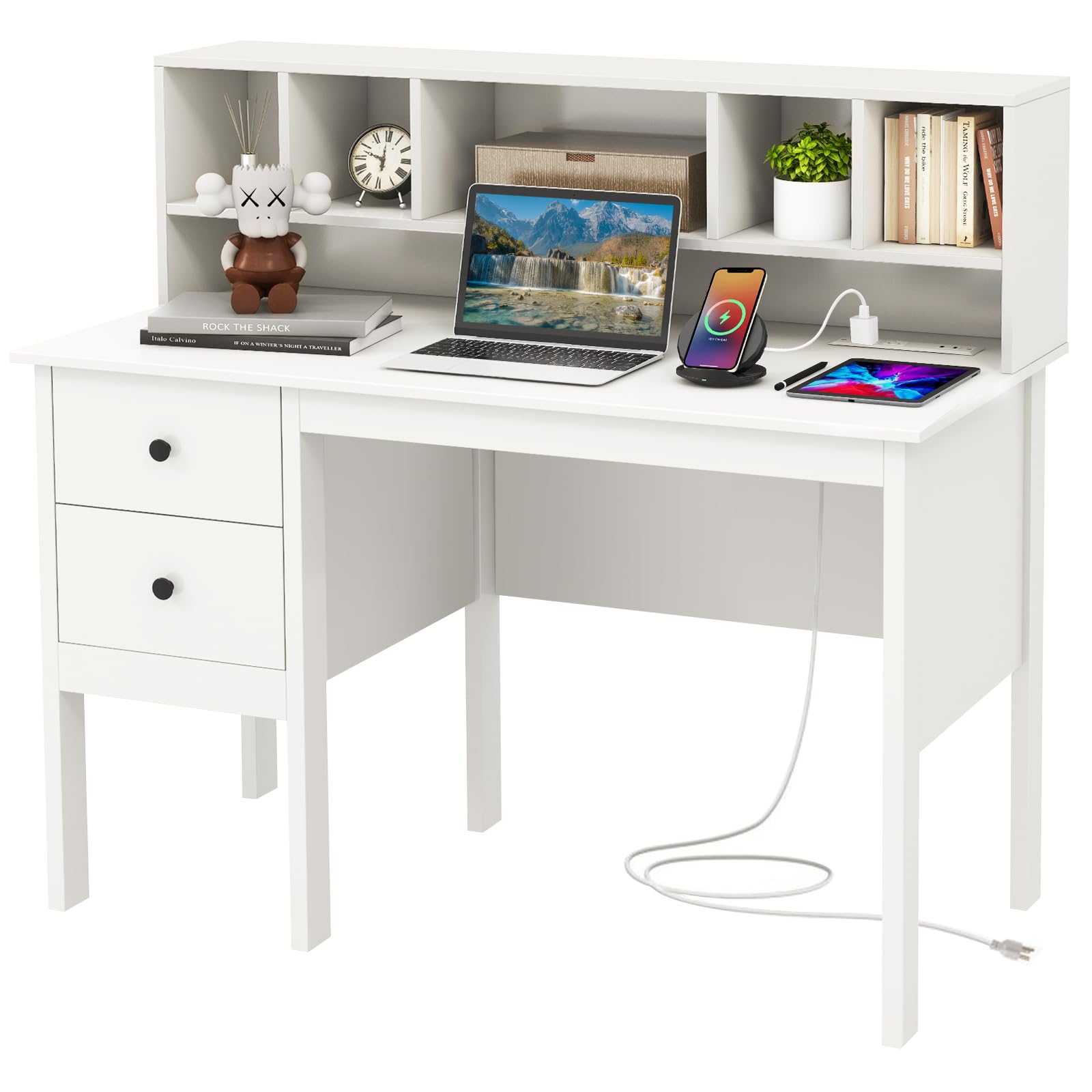 White Desk with Drawers & Hutch, Modern Home Office Desk Writing Study Desk