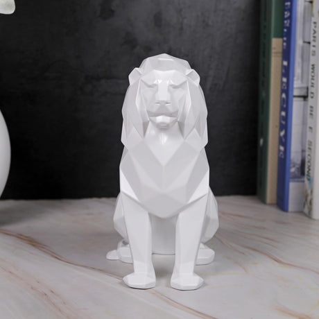 White Lion Sculpture - Abstract Geometric Animal Statue for Coffee Tables