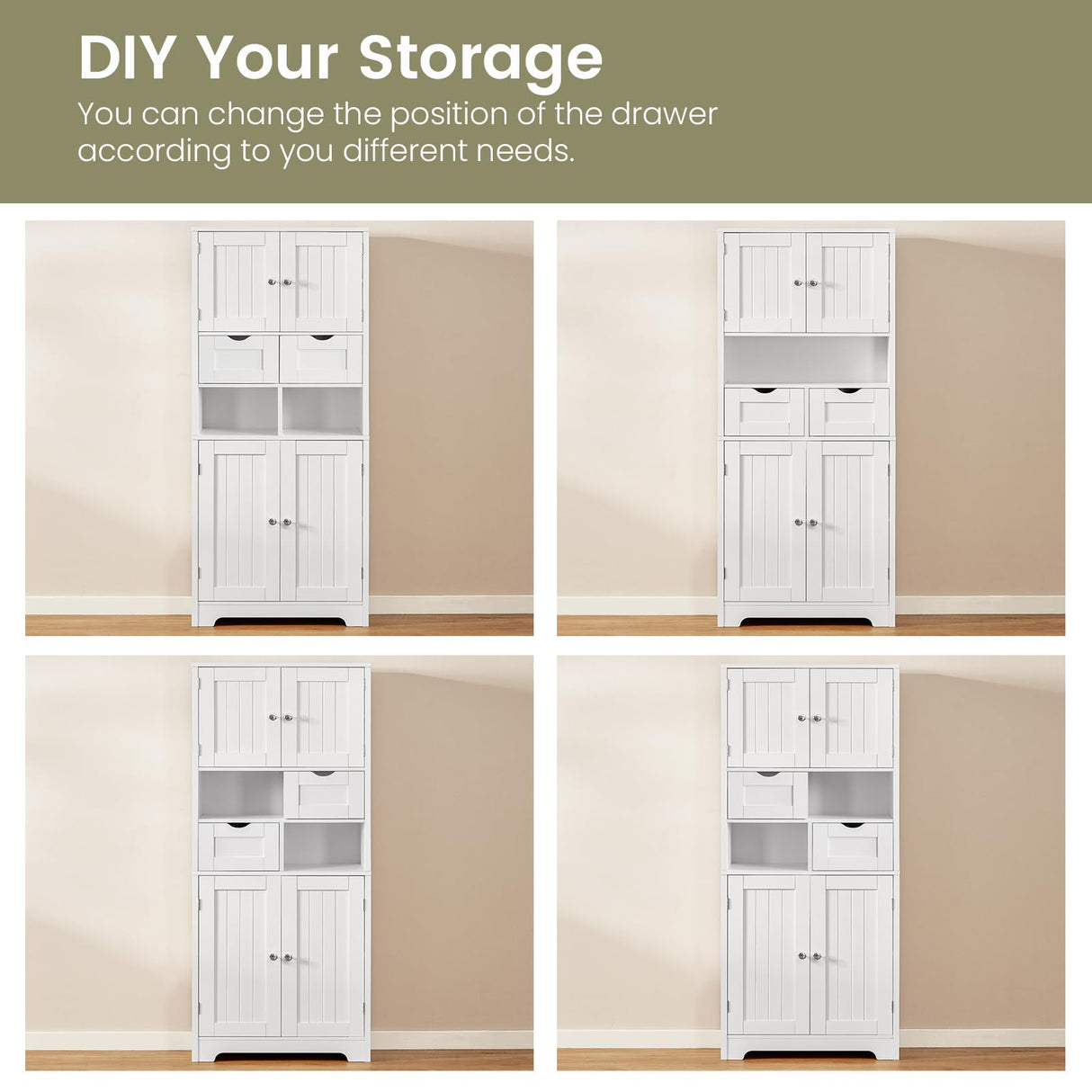 Tall Storage Cabinet, Bathroom Cabinet with Doors & Adjustable Shelves, Linen Cabinet with 2 Drawers