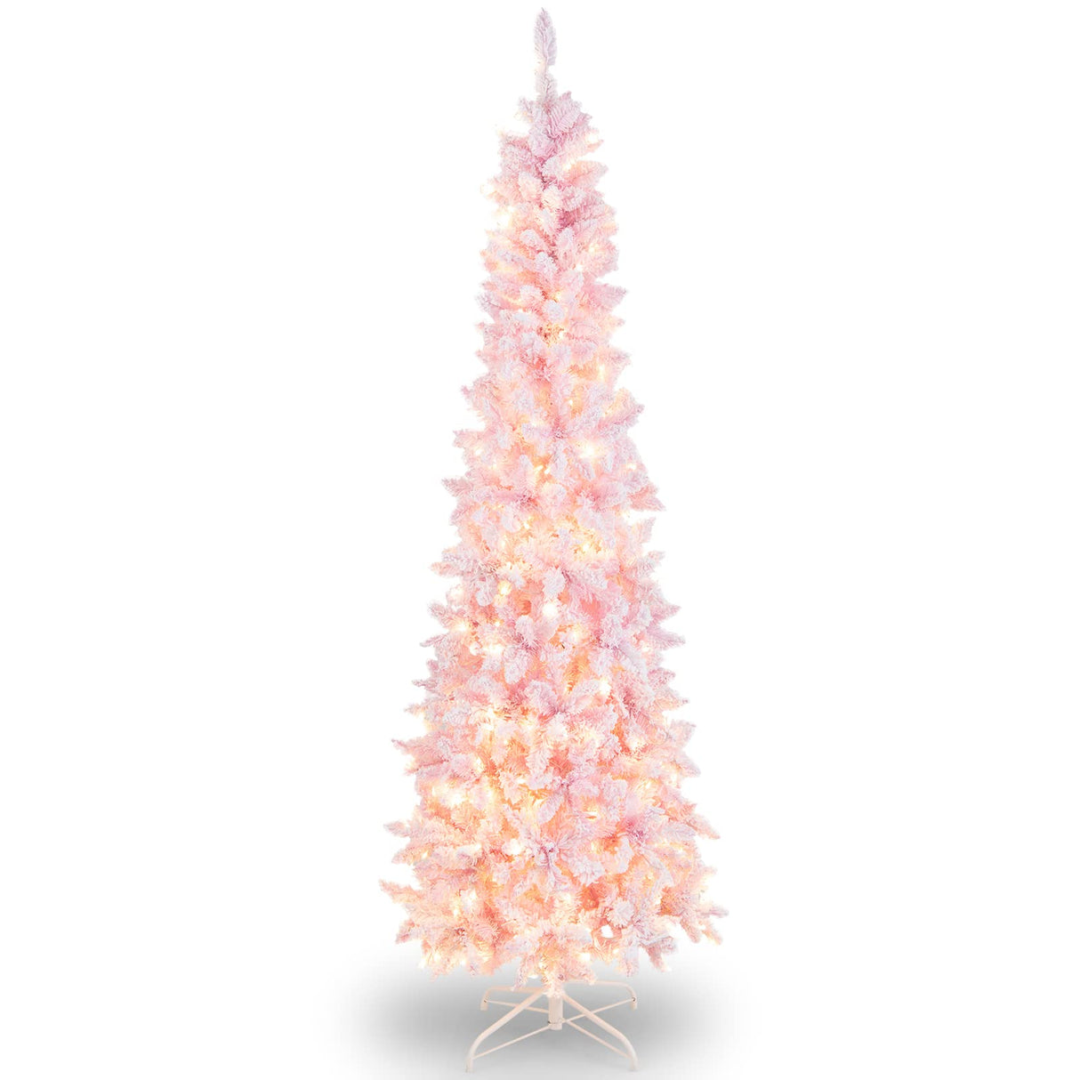 7ft Pink Pre-Lit Pencil Christmas Tree, Snow Flocked Artificial Slim Tree with 800 Branch Tips, 300 LED Lights, 8 Lighting Modes, Life-Like Hinged Xmas Tree for Indoor Home Office Holiday Decor