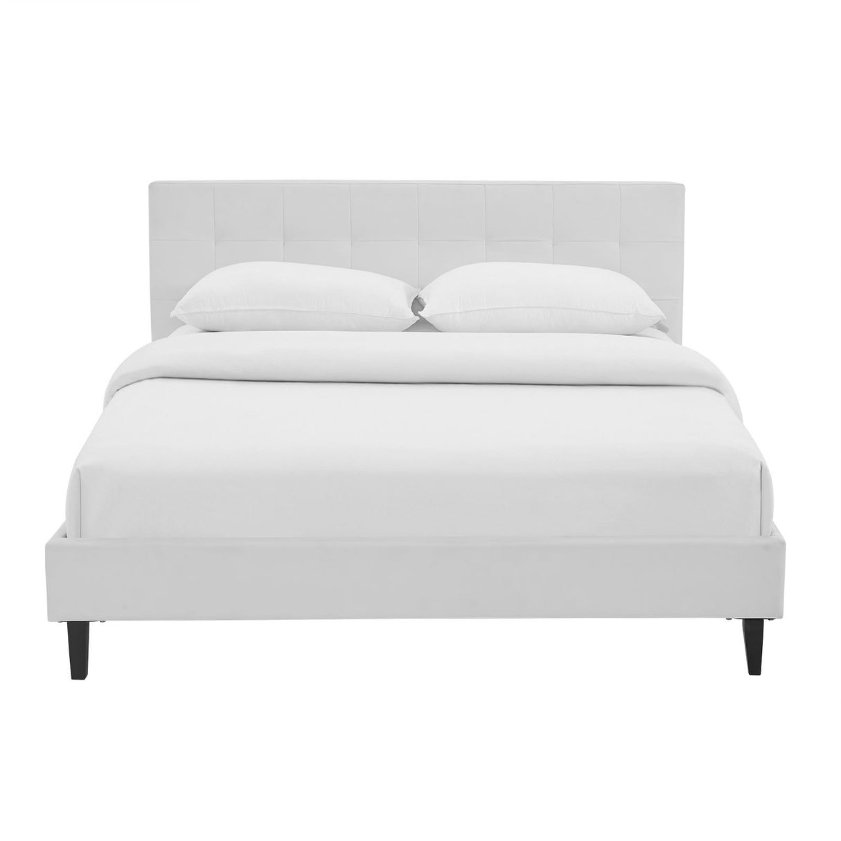 Linnea Upholstered White Faux Leather Queen Platform Bed with Wood Slat Support