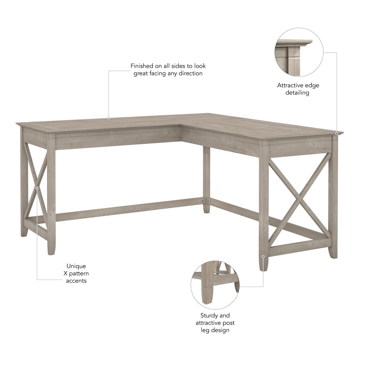 Key West L Shaped Desk, 60-inch Modern Farmhouse Writing Desk for Home Office