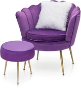 Modern Scalloped Back Accent Velvet Upholstered Armchair with Golden Legs and Soft