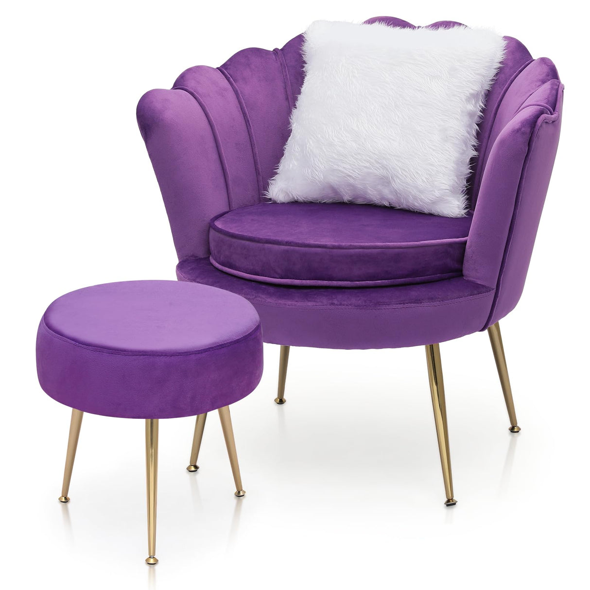 Modern Scalloped Back Accent Velvet Upholstered Armchair with Golden Legs and Soft