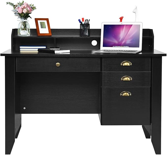 White Desk with Drawers, 47 Inch Home Office Computer Desk with File Drawers Student Girls Desks Teens Writing Table with Hutch, Small Desk with Drawer for Bedroom, White