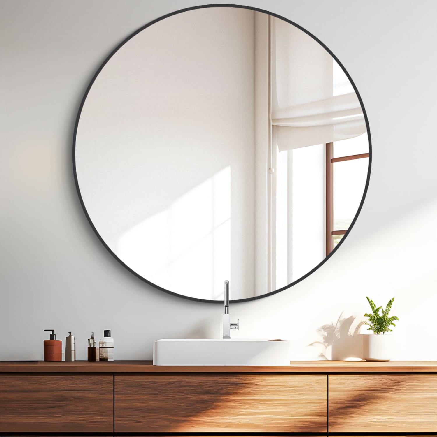 42" Large Round Mirror, Black Circle Mirror for Wall, Metal Framed Round Mirror