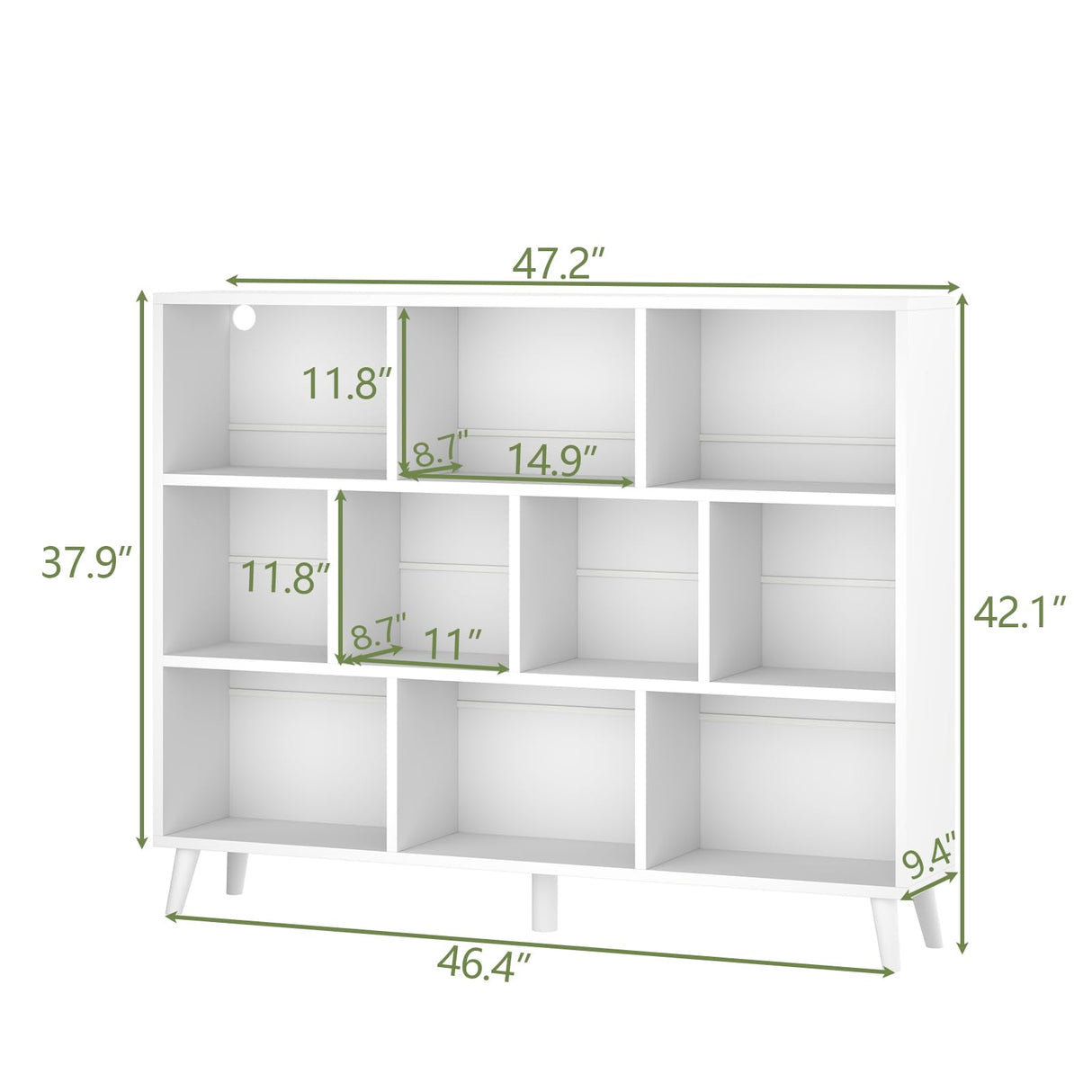 10 Cube Book Shelf with LED Lights, 3-Tier White Bookcase with Solid Wood Legs