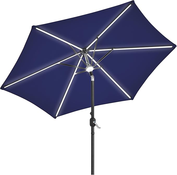 9FT Solar Lighted Patio Umbrella Large Outdoor Umbrella with Strip Lights & Hub Light