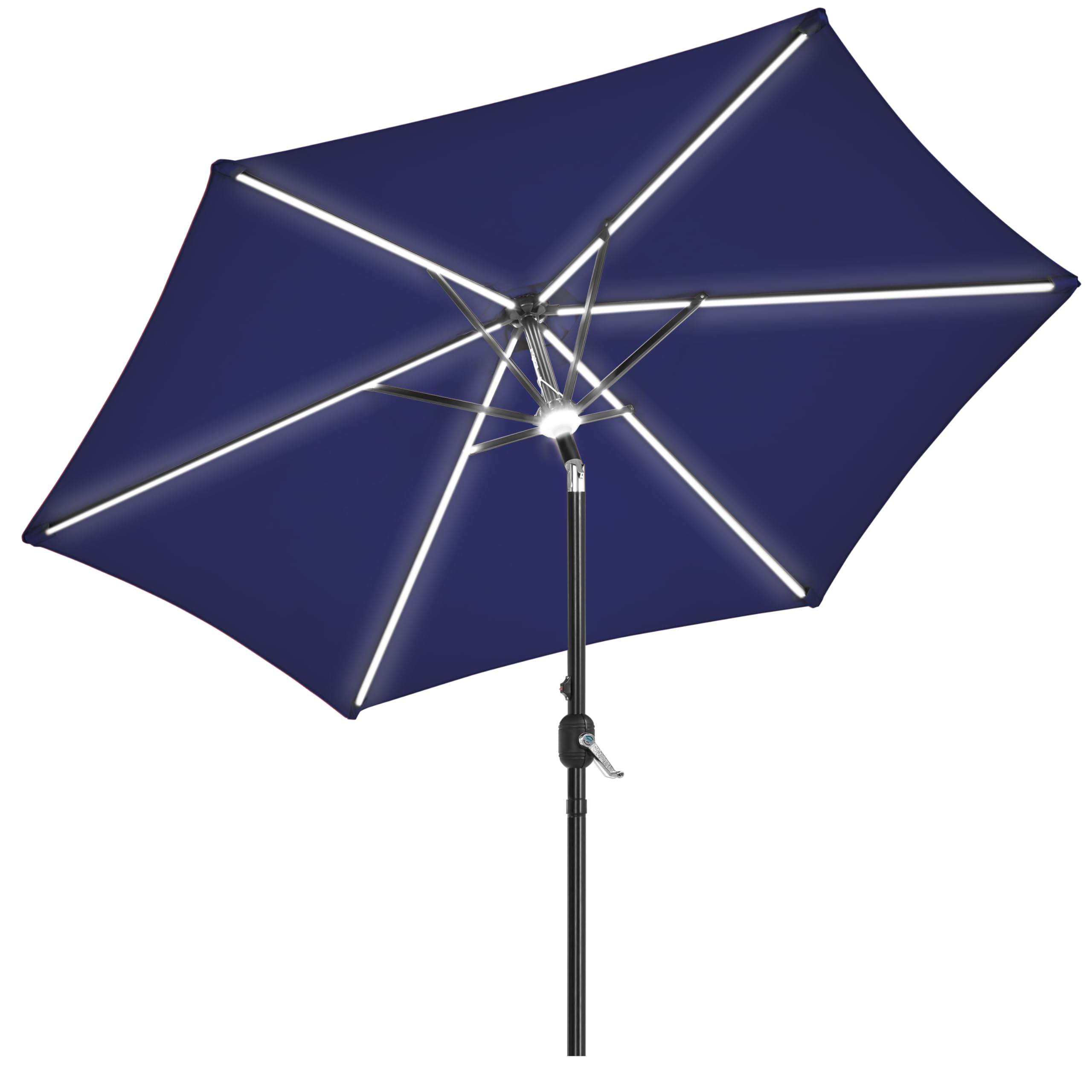 9FT Solar Lighted Patio Umbrella Large Outdoor Umbrella with Strip Lights & Hub Light
