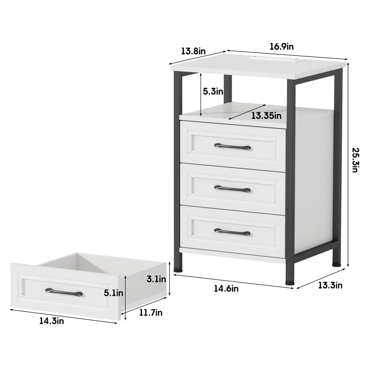 Nightstands Set of 2 with Charging Station, 3 Drawers Nightstands