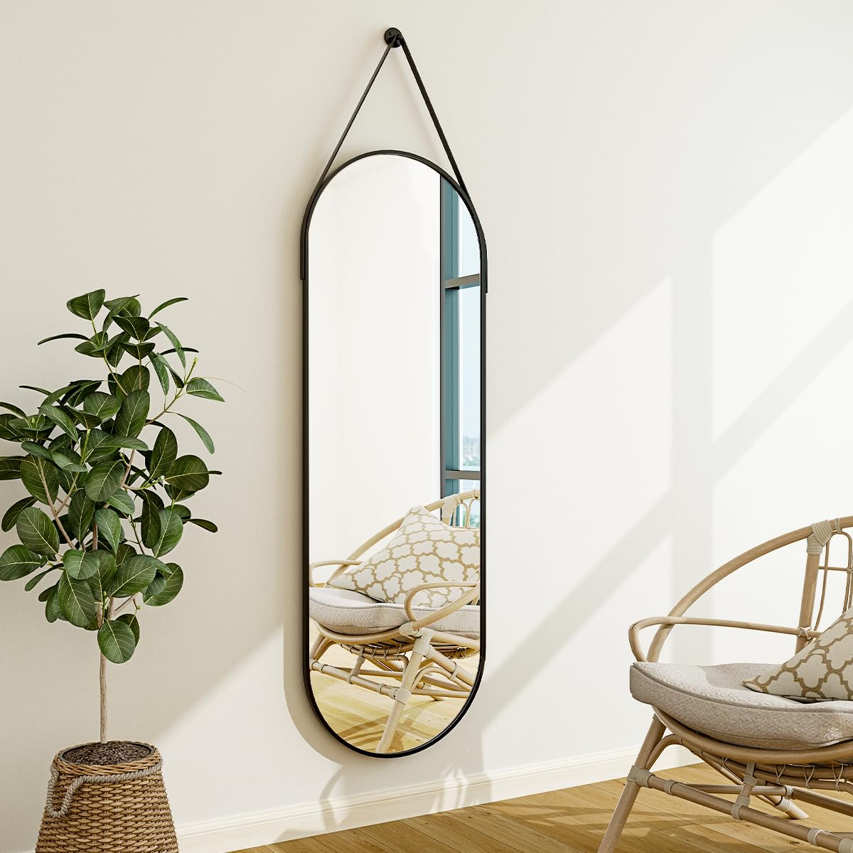 Full Length Oval Mirror 16x48 - Wall Mounted with Leather Hanging Strap