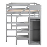 Full Loft Bed, Loft Bed Full Size with Storage Staircase and Wardrobe for Clothes, Wooden High Loft Bed Frame for Kids Girls Boys Bedroom, Grey