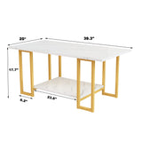 Coffee Table, Gold Base for Living Room-Faux Marble Rectangle Tabletop