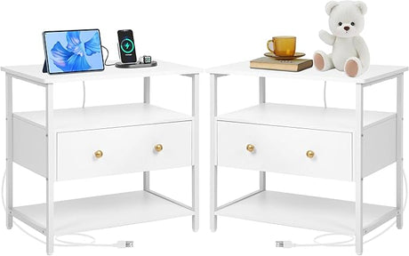 27 inch Nightstand Side Table with 1 Layer of Wooden Drawers，Nightstand with Charging Station