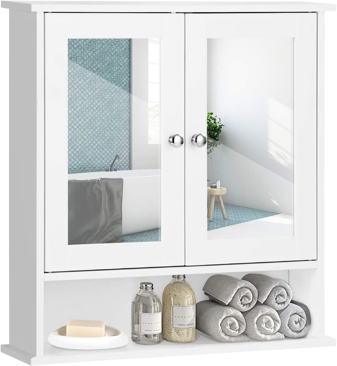 Bathroom Medicine Cabinet, Hanging Storage Cabinet with Double Mirror Doors