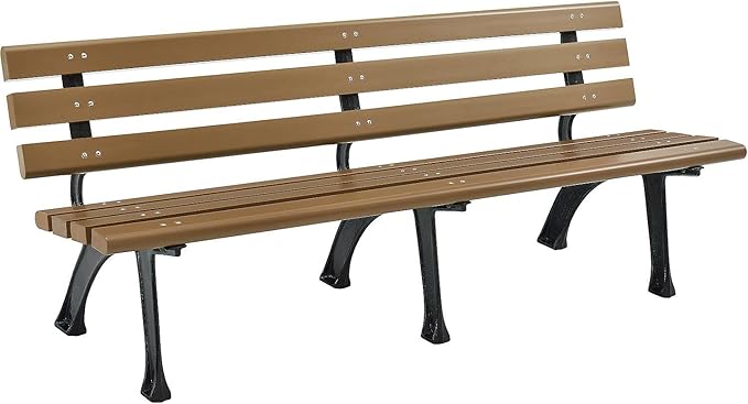 6'L Outdoor Park Bench with Backrest, Recylced Plastic Slats, Wrought Iron Frame