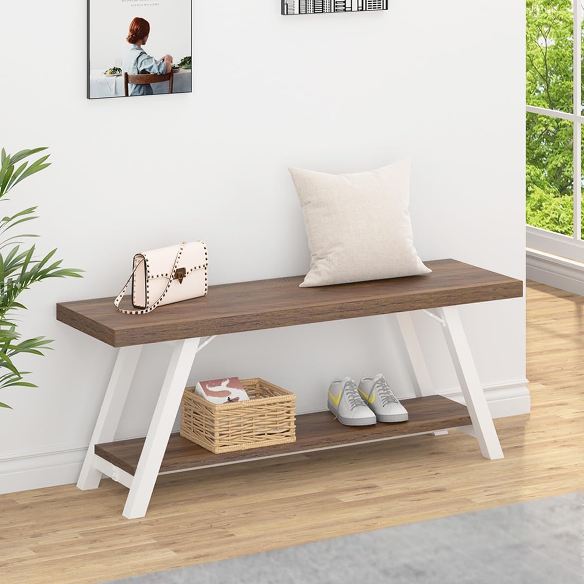 Rustic Entryway Bench, Farmhouse Wood Indoor Shoe Bench with Storage in