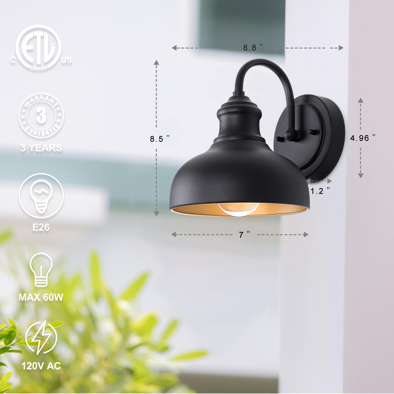 7 Inch Outdoor Gooseneck Barn Lighting Black Exterior Porch Door Light Fixture with Brass