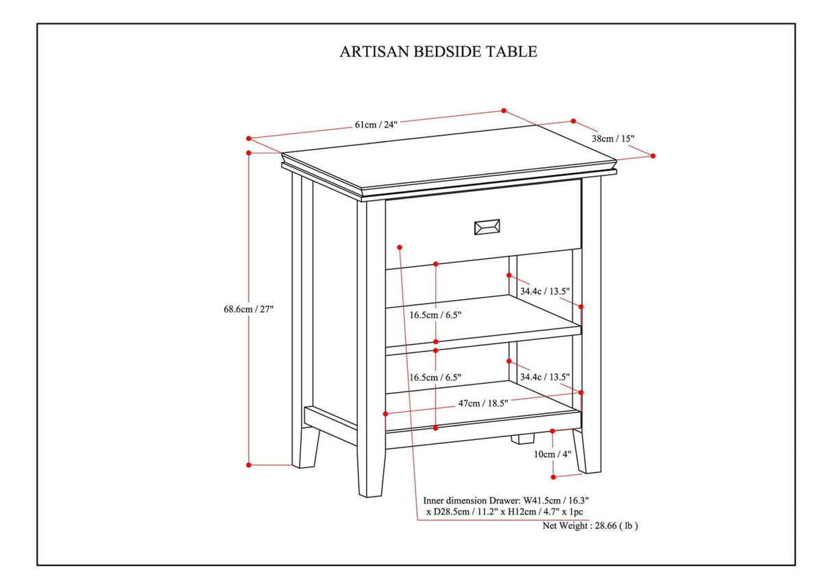 Artisan 24 inches Wide Night Stand, Bedside table, Russet Brown SOLID WOOD, Rectangle,