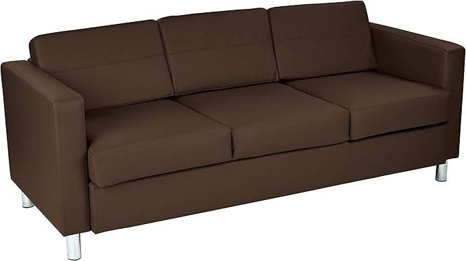 Sofa with Padded Box Spring Seats and Silver Finish Legs, Dillon Lipstick Faux Leather