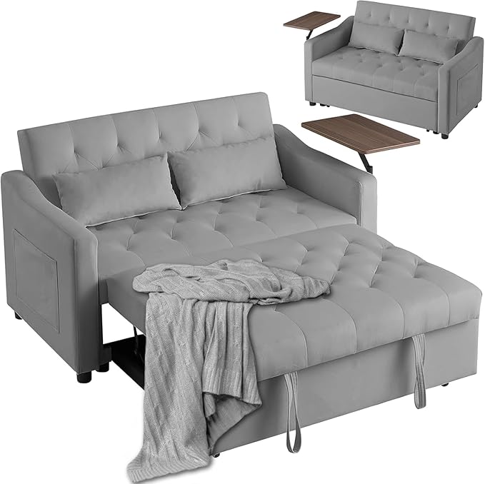 3 in 1 Sleeper Sofa Couch Bed, Modern Velvet Convertible Sofa Bed with Adjustable Backrest & 2 Pillows, Hidden Side Table, Pull-Out Sofa Bed for Living Room Bedroom, Grey