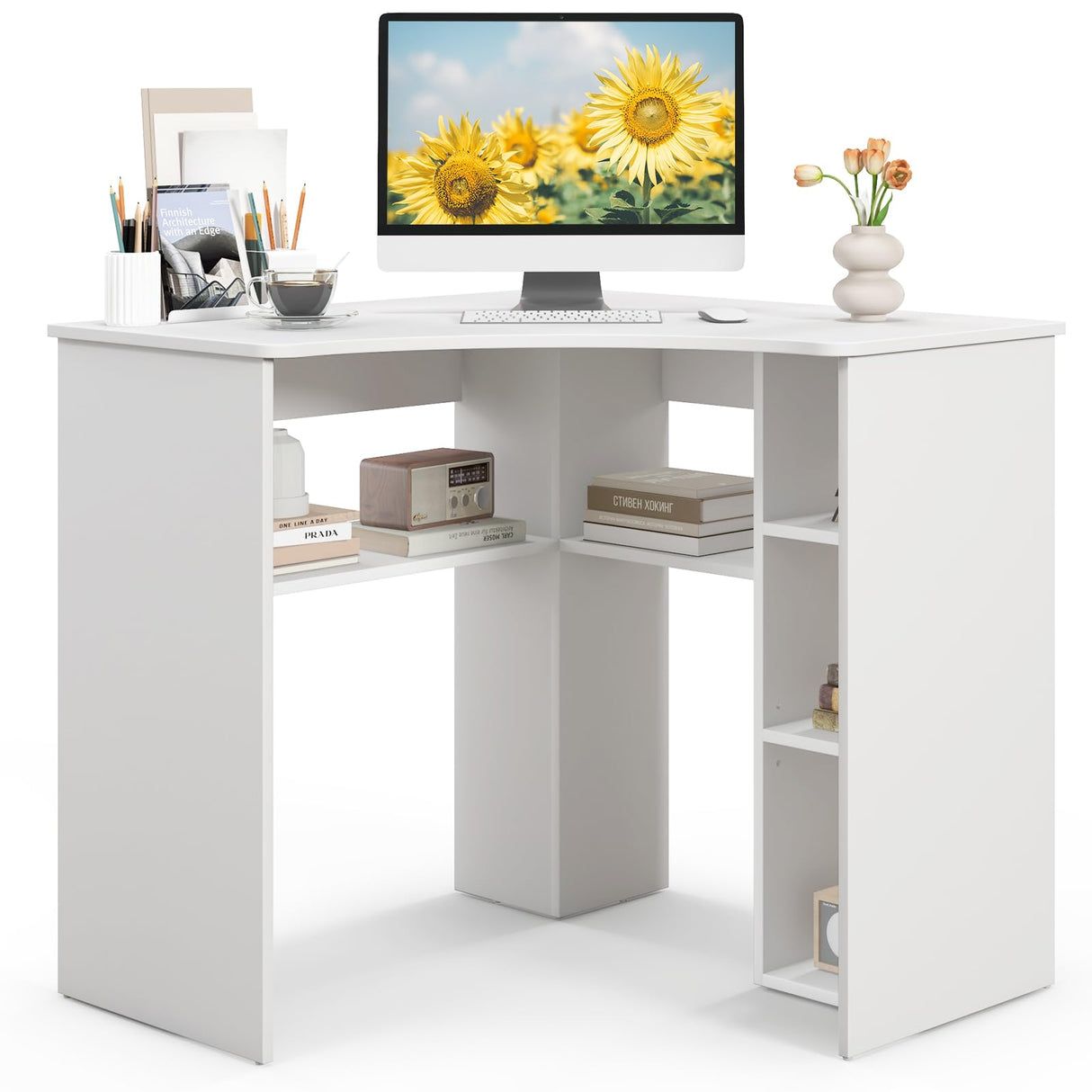 Corner Desk with Storage, 34" W x 30.5" H Small Computer Desk with Adjustable Shelves