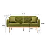 Velvet Futon Sofa Bed with 3 Adjustable Positions, Small Sleeper Sofa Loveseat with 2 Decorative Pillows, Modern Upholstered Convertible Couch with 5 Metal Tapered Legs (Olive Green)