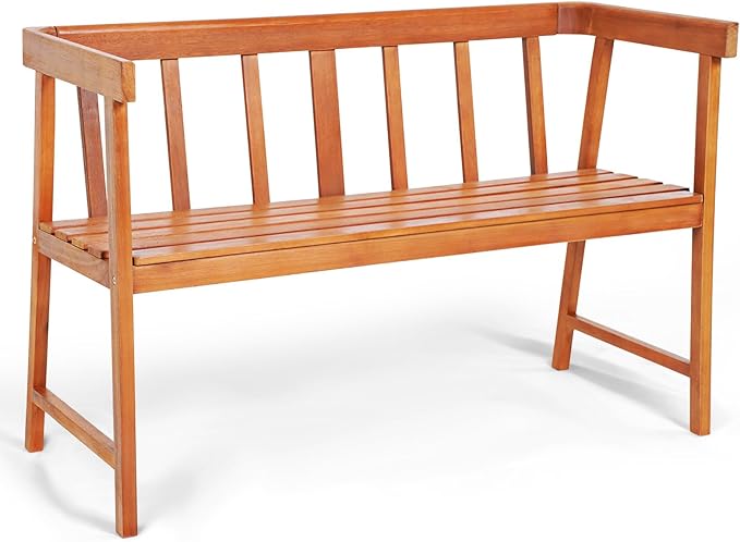 HAPPYGRILL Patio Wood Bench with Ergonomic Backrest & Armrest, 2-Person Outdoor Bench
