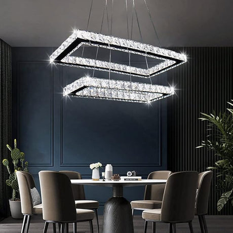 Modern Chandelier 2 Rings Rectangular Crystal Chandeliers LED Pendant Light Adjustable