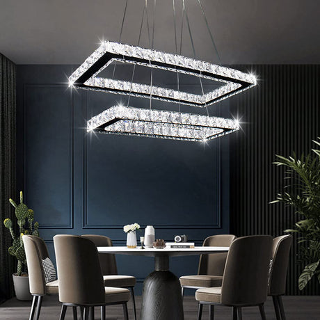 Modern Chandelier, Rectangular 2 Rings Crystal Pendant Chandeliers LED Pendant Ceiling