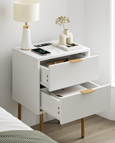 Nightstand with Charging Station, Mid-Century Modern Bedside Table with 2 Storage