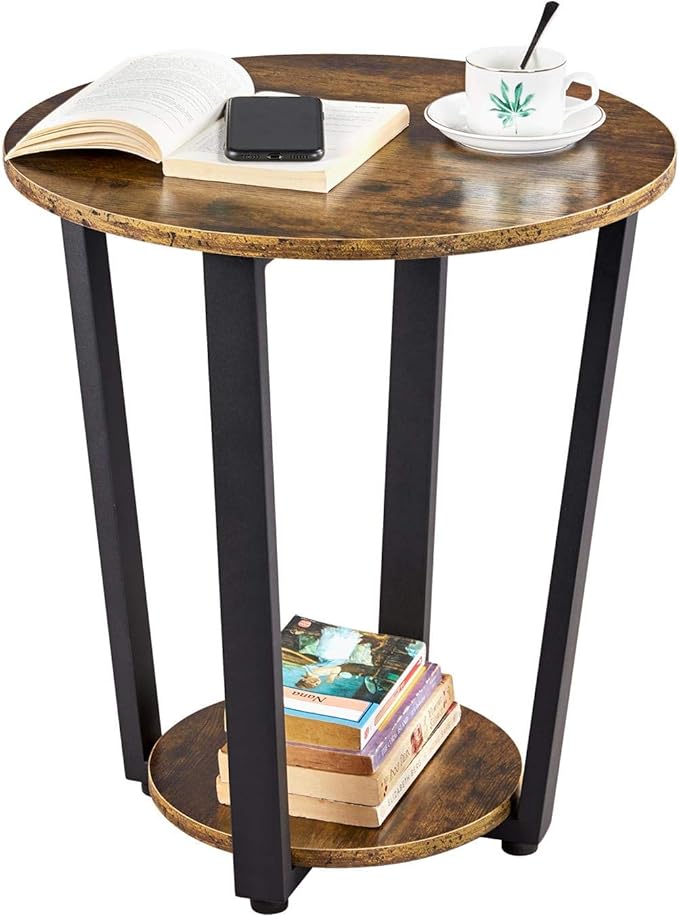 Farmhouse Round End Table with Storage Shelf, 2 Tier Side Table