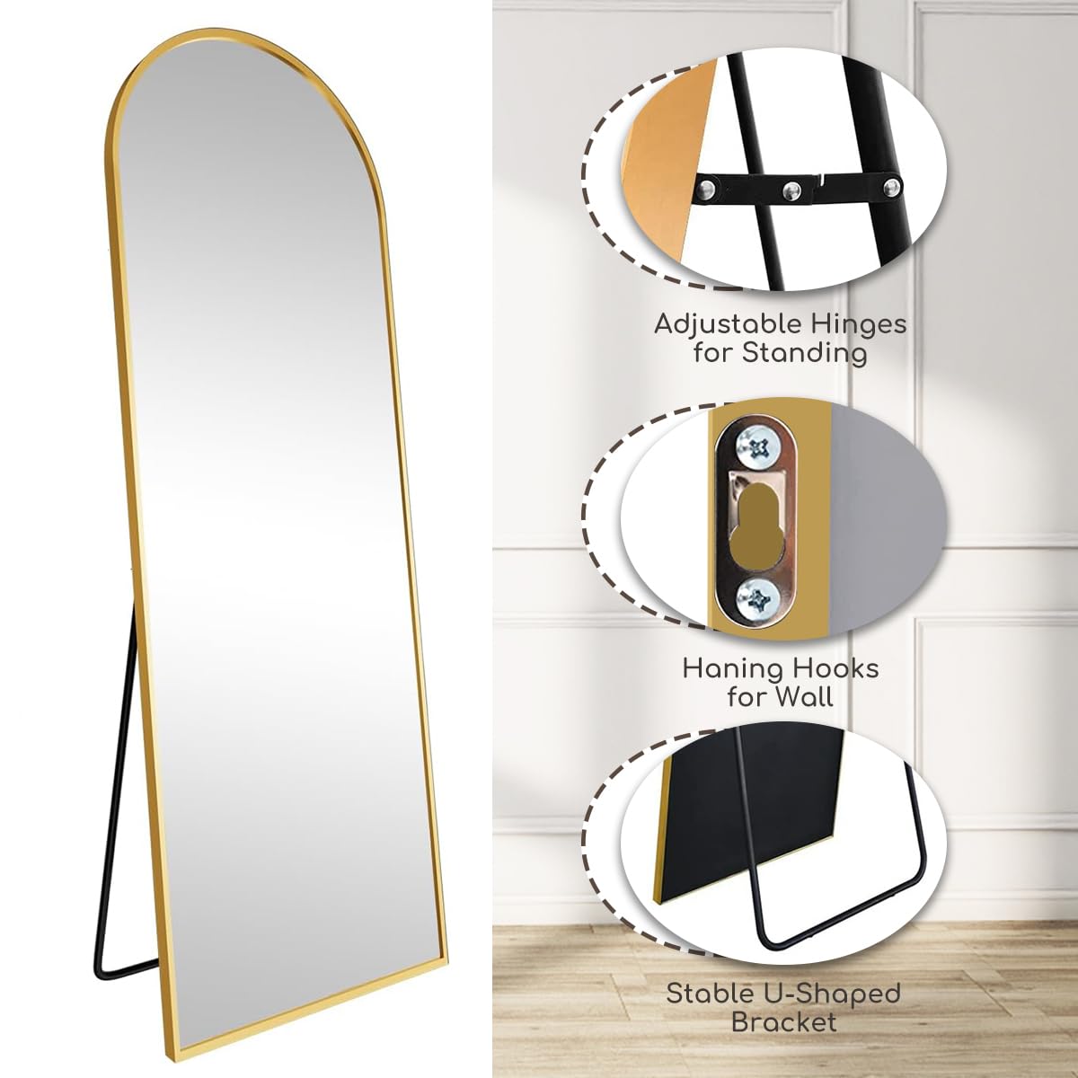 Arched Full Length Floor Mirror 64" x 21" - Gold Aluminum Frame