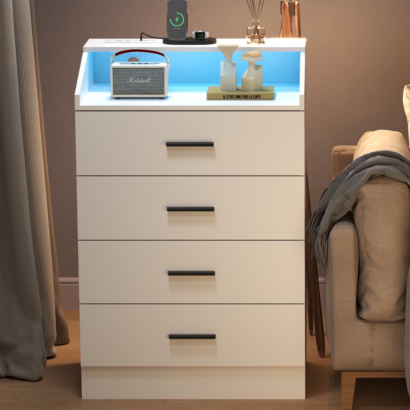Nightstand with Charging Station and LED Lights, White Nightstand with Drawers, End