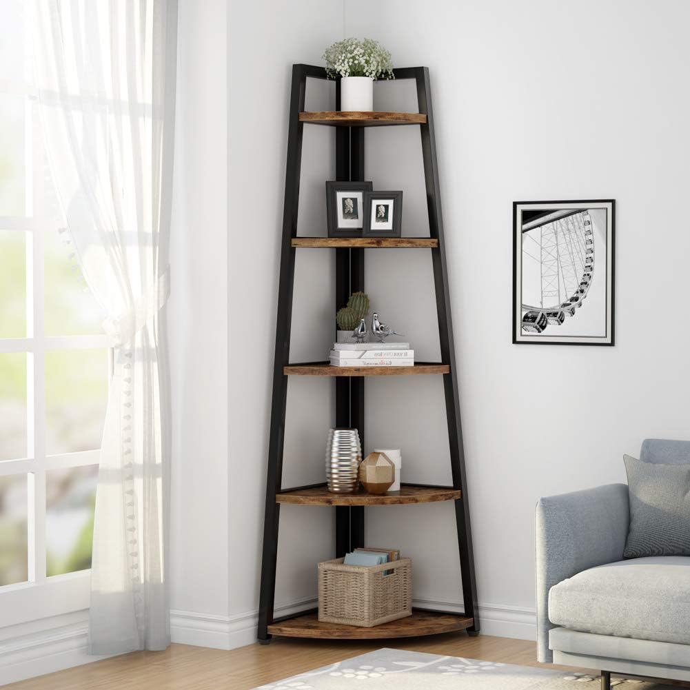 70 inch Tall Corner Shelf, 5 Tier Rustic Corner Bookshelf Bookcase Industrial Corner Ladder Shelf Plant Stand for Living Room, Kitchen, Home Office (Brown)