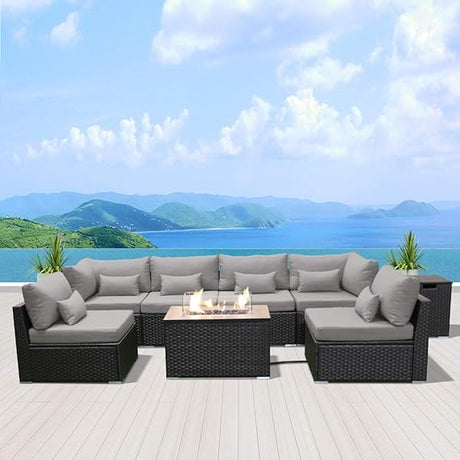 Sectional Sofa with Gas/Propane Fire Pit Table Outdoor Patio Furniture Sets