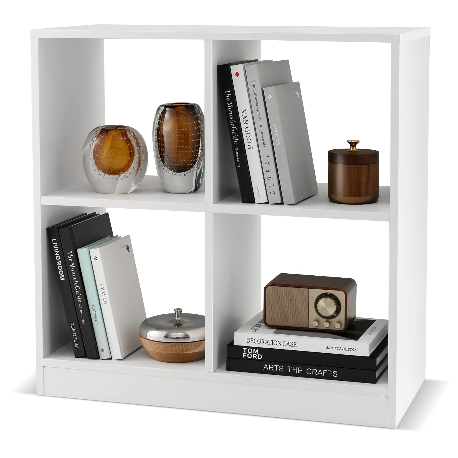 4-Cube Bookcase White - 2-Tier Freestanding Open Bookshelf