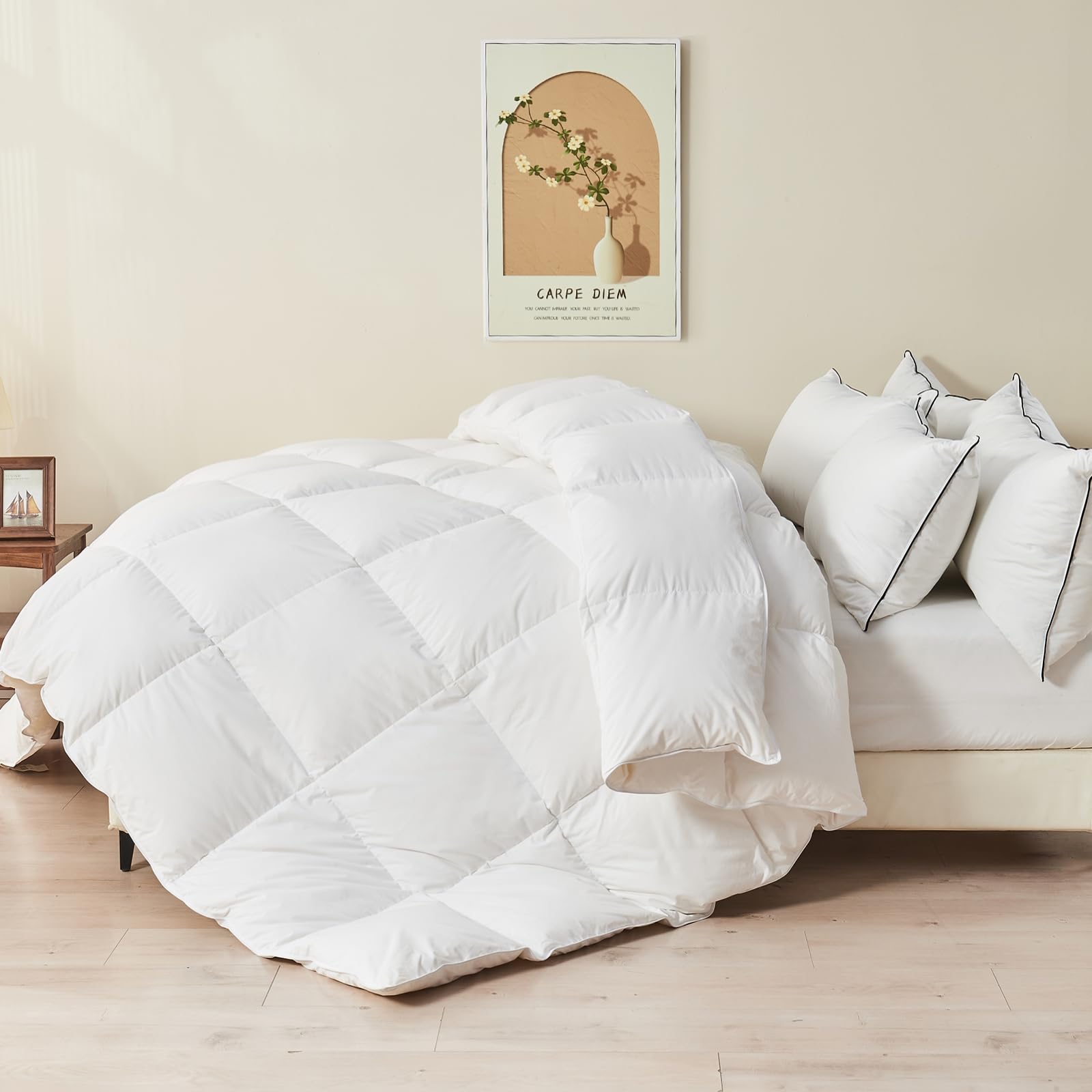 Organic Feather Down Comforter King Size, Fluffy Duvet Insert for All Season