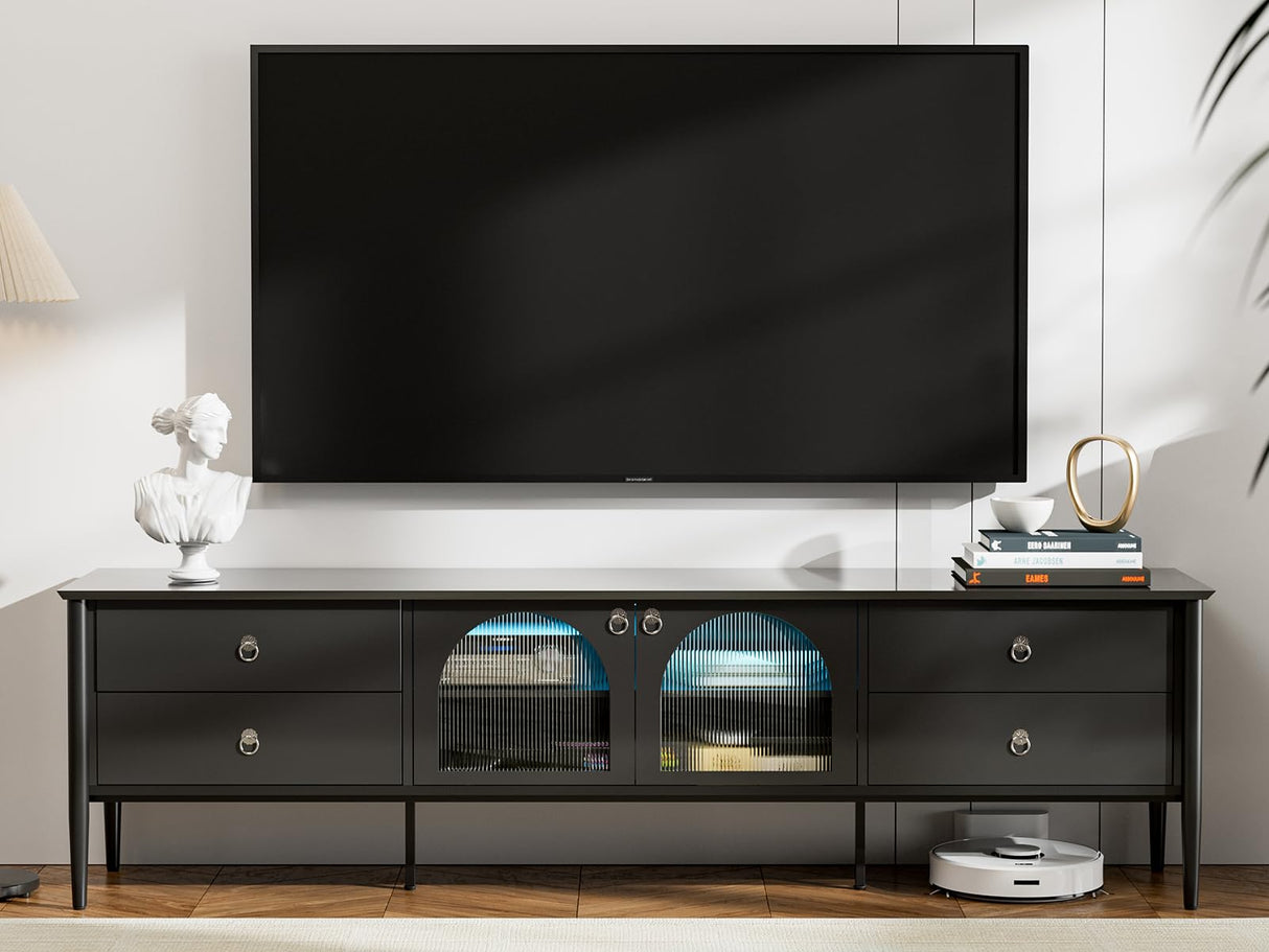 Glass LED TV Stand for 85+ Inch TV, Modern Entertainment Center with 2 Glass Doors,