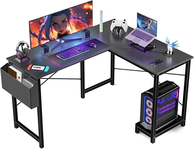 PC Desk for Gaming and Work - 50 Inch Writing Space-Saving Corner Table with CPU Storage Shelf, Side Bag, Home, Office, White
